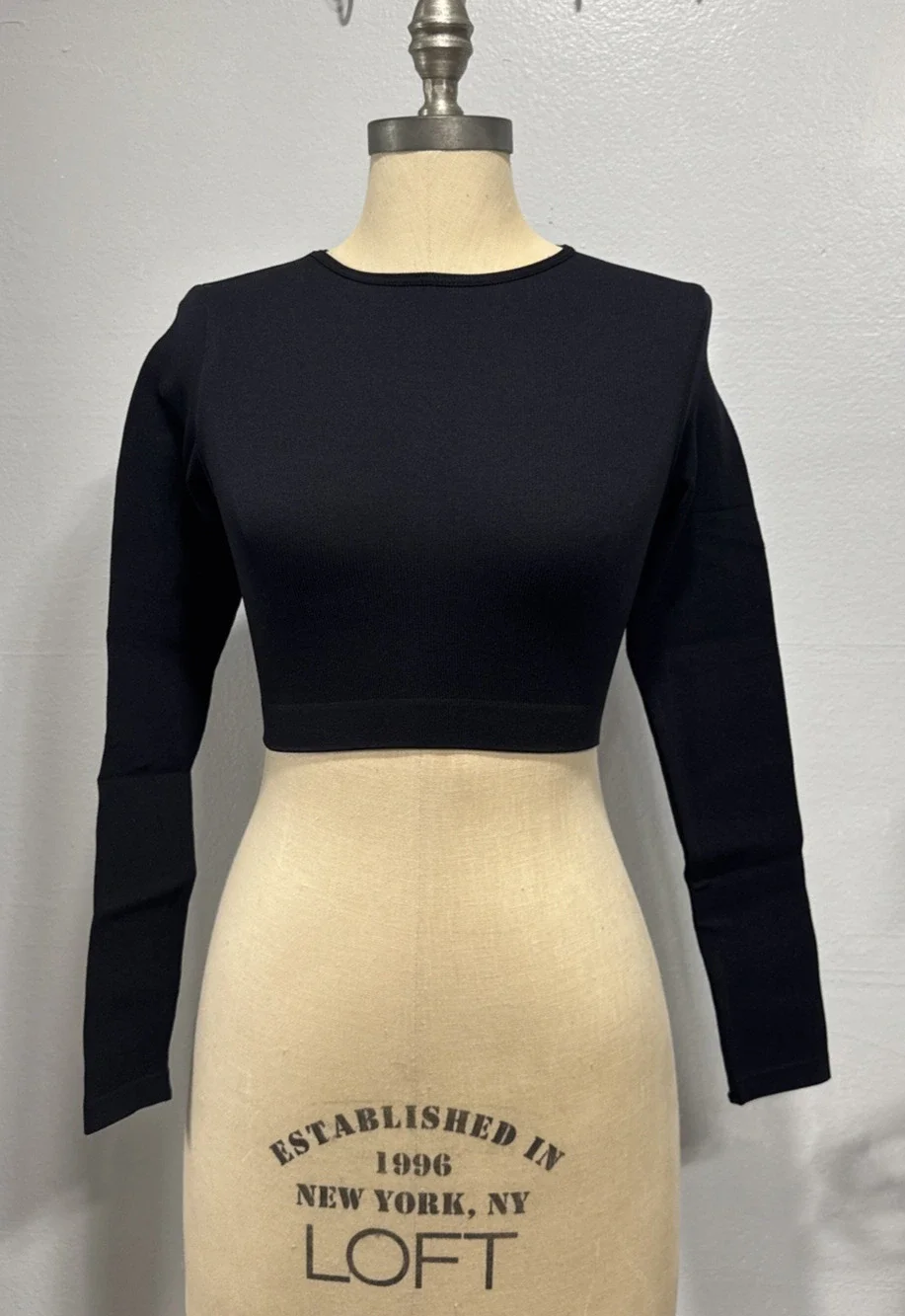 Zara Crop Top Crew Neck Pullover Stretch Long Sleeve Black Stretch Sz XS Stylish